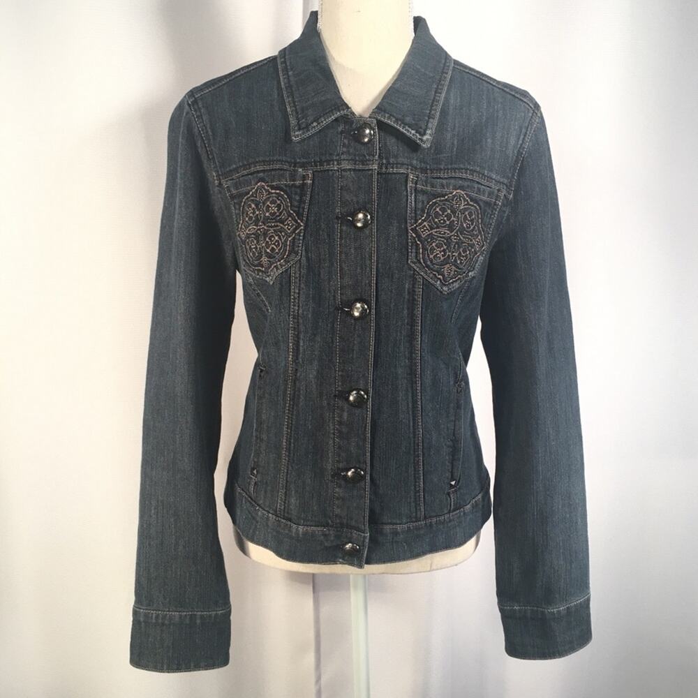 CODE BLEU | Denim Jean Jacket Embroidered Front Pockets side slit pockets Sz M